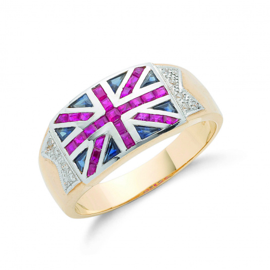 9ct Yellow Gold 0.6ct Diamond 0.28ct Blue Sapphire & 1.00ct Ruby Union Jack